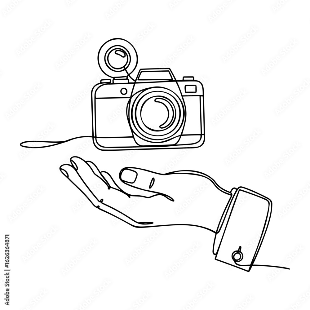Aufkleber vector hand presenting a camera with flash in a single line drawing on transparent background