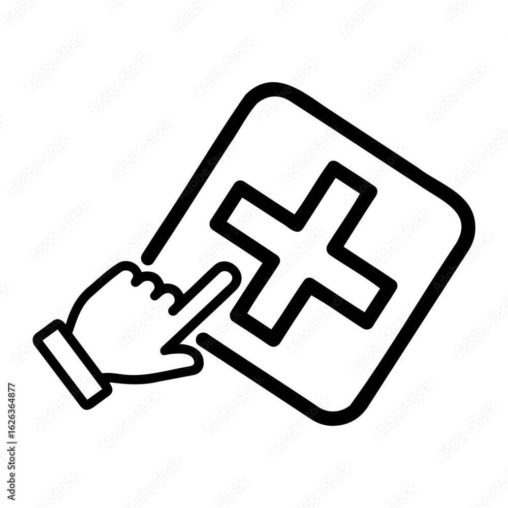 Poster vector hand pointing at a plus sign inside a rounded square outline icon on transparent background