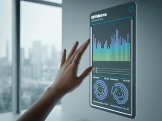 Woman's hand interacts with futuristic KPI metrics holographic display showing data graphs and charts.