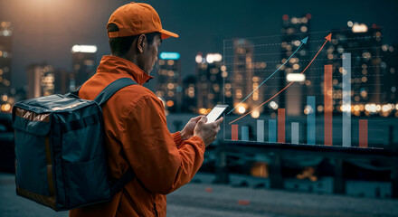 Delivery person analyzing data in a city at night.