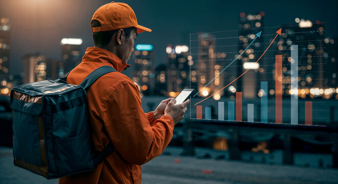 Delivery person analyzing data in a city at night.