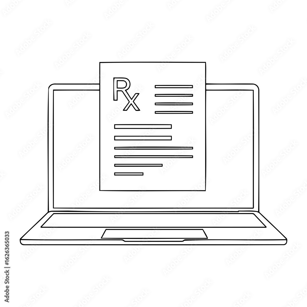 Poster vector laptop displaying a digital prescription with rx symbol and lines on transparent background