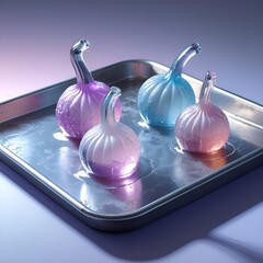 Melting glass fruits on a frozen steel tray, hyperreal texture clash with gradient backdrop background copyspace mockup aesthetic garlic
