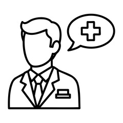 Vector  line drawing of a doctor with a medical symbol in a speech bubble on transparent background