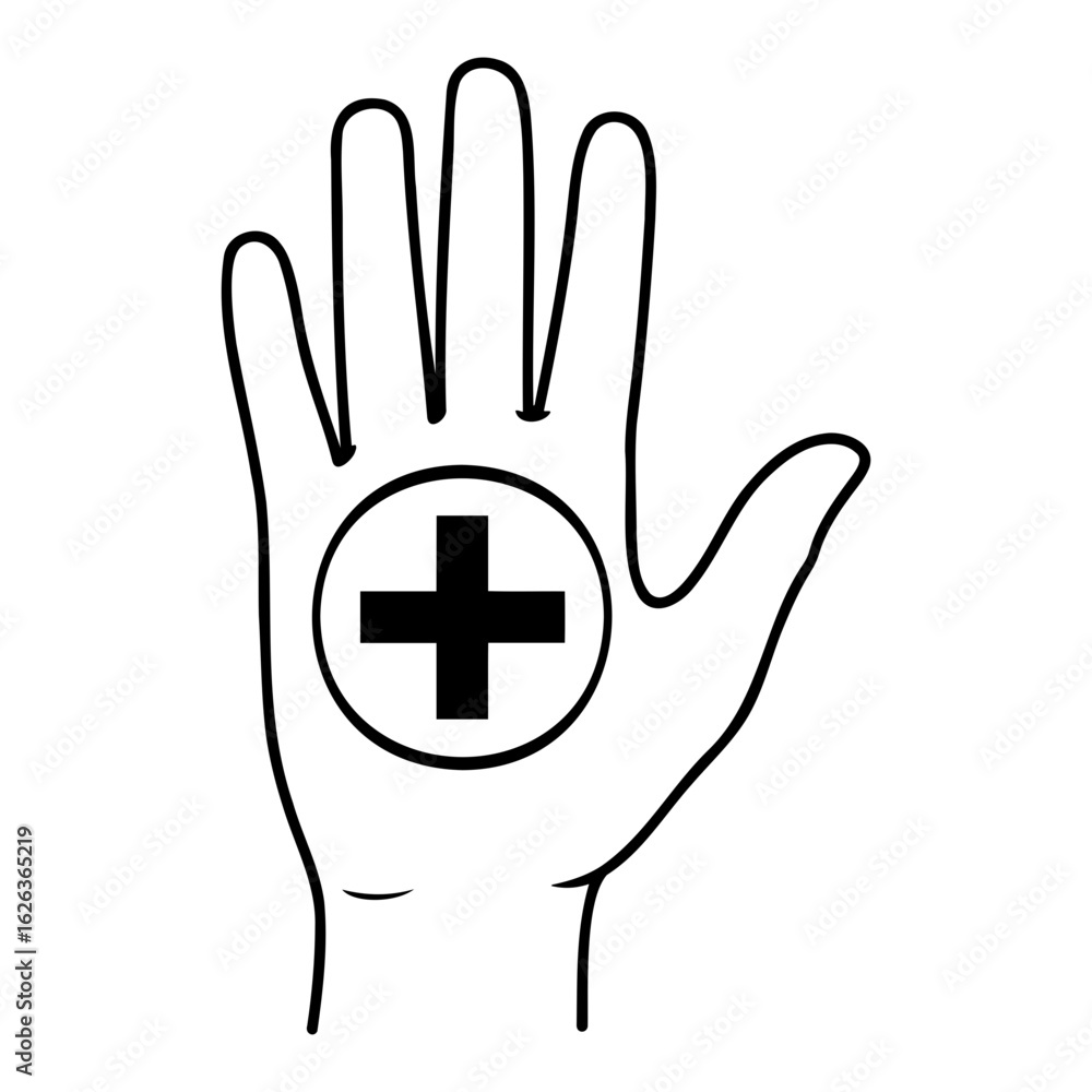 Poster vector outline of a hand with a plus sign inside a circle on the palm on transparent background