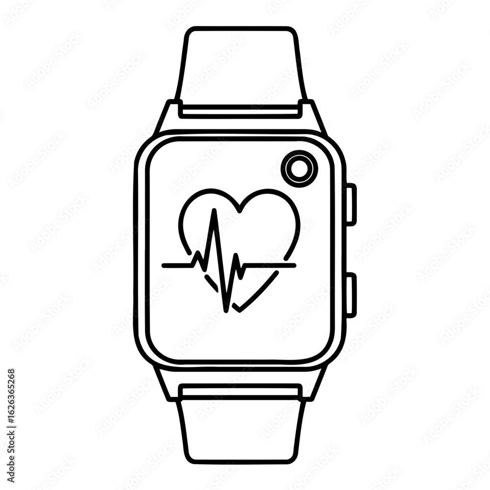 Poster vector outline of a smartwatch displaying a heart rate monitor symbol on transparent background