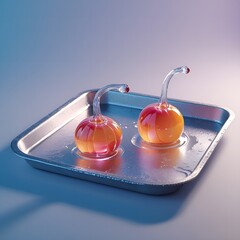 Melting glass fruits on a frozen steel tray, hyperreal texture clash with gradient backdrop background copyspace mockup aesthetic orange red cherry
