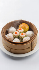 Steaming hot dim sum in traditional bamboo basket, close-up, isolated on white background, high resolution, food photography style