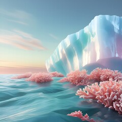 Coral reef growing on top of a floating iceberg in a clear sky, soft fantasy colors, large central copy space background illustration aesthetic