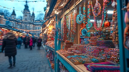 Obraz premium Colorful beaded jewelry displayed at a market stall.