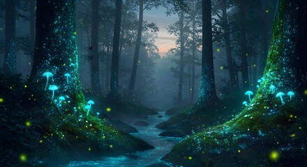 Obraz premium Magical Bioluminescent Forest: Glowing Mushrooms and Fireflies in a Mystical Woodland