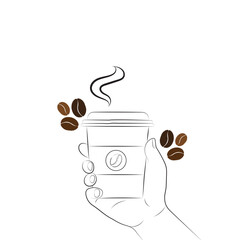 Minimal line art of hand holding steaming coffee cup with scattered beans. Clean and modern design for cafe, coffee lovers, and cozy morning vibes.
