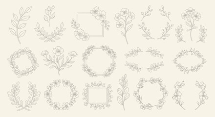 Minimalist Floral Vector SVG Illustration Set with Elegant Line Art Frames and Botanical Elements in Soft Neutral Colors