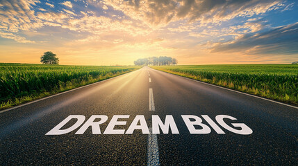 Inspirational road with 'Dream Big' message at sunrise over fields