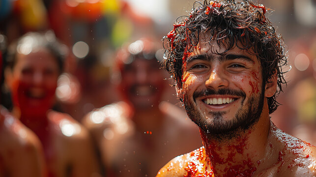 Celebrants enjoy La Tomatina festival in Bunol, Spain, covered in tomato pulp