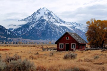 Rustic cabin autumn valley snow-capped mountain backdrop