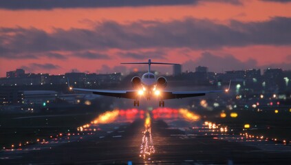 A private jet on the runway at dusk, illuminated by lights as it takes off. The photo is taken from behind with the airport in view, and the sky is orange.