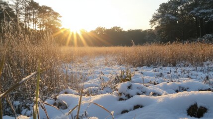 Snow-Covered Field with Sunset Glow in Winter Landscape