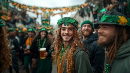Obraz premium Smiling man in St. Patrick's Day parade with green accessories and shamrock hat