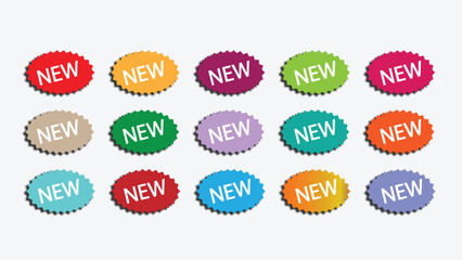 Price tag and discount label set, glossy red promo sticker icons. Sunburst starburst deal tags, new arrival vector badges, round sale symbols, flat style offer labels