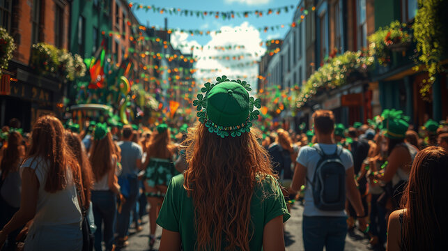 Celebrating St. Patrick's Day in Ireland's Vibrant Streets with Festive Crowds