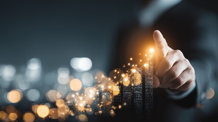 Businessman Pointing To Digital Glow Over Cityscape