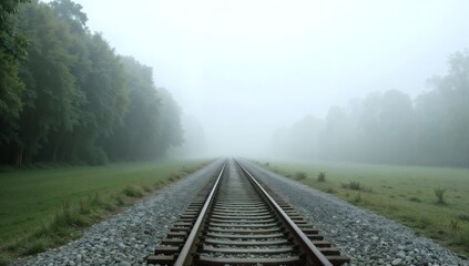 Fototapeta premium Railway Tracks Stretching Into Foggy Landscape in Nature Setting