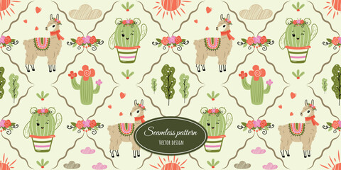 Vintage seamless pattern with hand-drawn funny characters. Cute llama and cactus. Vector vintage design for fabric, wallpaper, wrapping paper, and more. © Alyona 