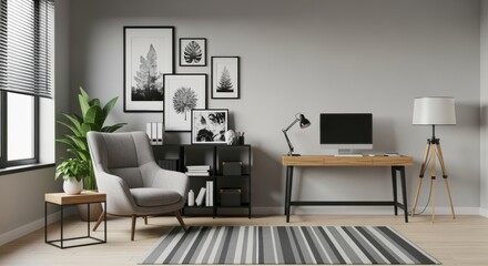 Creating a Modern Workspace: A Stylish Computer Desk with a Wooden Grey Finish, Featuring a Monitor and Inspiring Posters for Your Interior