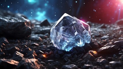 Obraz premium A glowing space crystal hovering in the center of an asteroid field.Cinematic theme, HDR, Vibrant