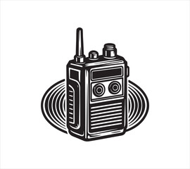 Monochrome illustration of a portable walkie talkie transceiver device for communication and security services with antenna and frequency waves around it