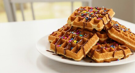 Waffles stacked on a plate with chocolate drizzle and sprinkles  