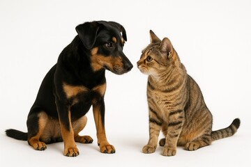 Naklejka premium A black and tan mixed-breed dog and a brown tabby cat sit together, looking at each other on a clean white studio background.