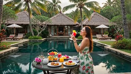 Woman enjoying colorful drinks and a lavish breakfast by a serene poolside in a tropical resort