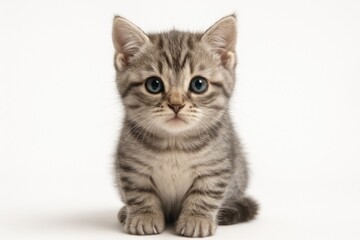 A cute little grey tabby kitten with wide, innocent eyes sitting calmly on a clean, isolated white background.