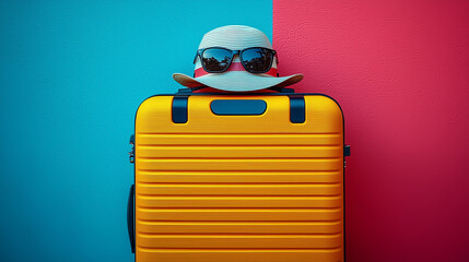 Bright yellow suitcase with summer hat and sunglasses against colorful backdrop
