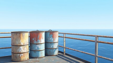Naklejka premium Weathered Drums on a Dock Overlooking Calm Ocean Waters