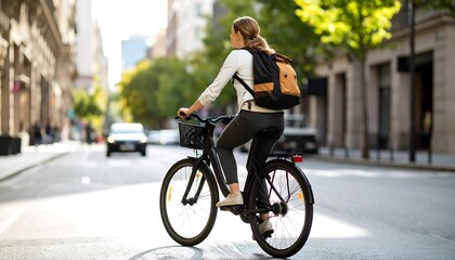 Woman cycling on city street with backpack and basket in bright sunlight