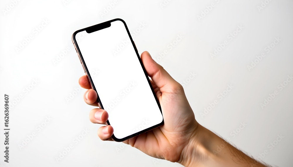 Poster a hand holding a modern smartphone with a blank screen, ready for display or use. the image showcase