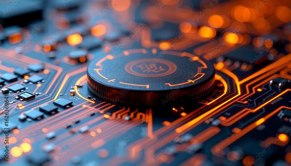 Poster a close-up shot of a detailed computer processor and circuit board lit with orange light, showcasing