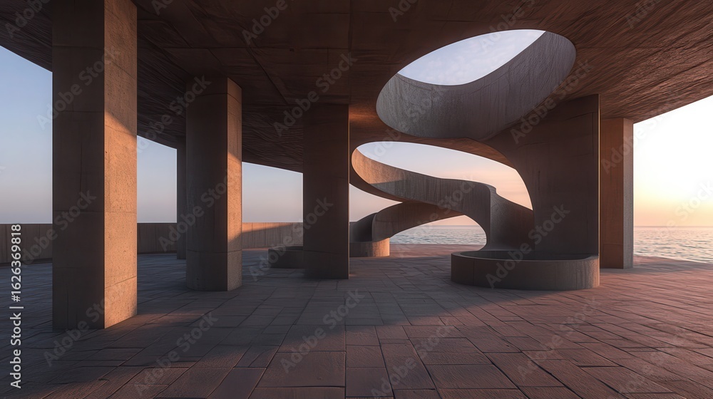Aufkleber modern architectural design with abstract curves over ocean view