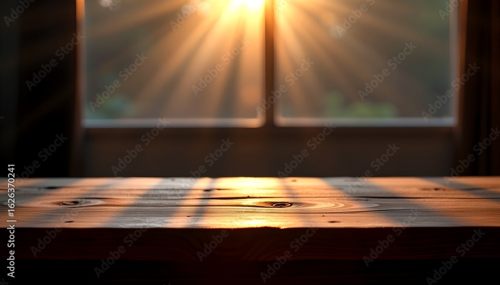 Poster sunlight streams through a window, illuminating a wooden table with a warm glow and creating shadows