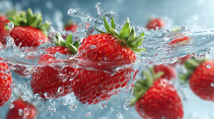 Strawberries splashing in water, fresh and vibrant.