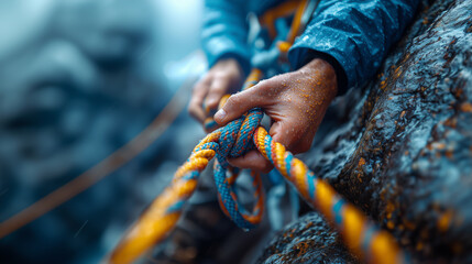 Climber grips vibrant rope while ascending rocky terrain under rain