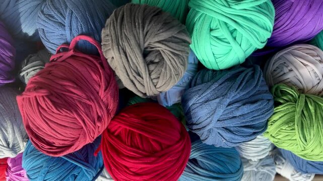  Colorful recycled fabric yarn balls, also known as trapillo or totora thread. Made from upcycled textiles, ideal for eco-friendly crafts, , and DIY projects