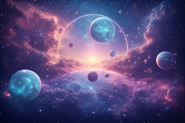 Celestial Scene with a Luminous Ring and Floating Planets in a Nebula