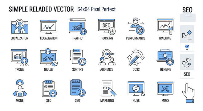 Vector Minimalist Line Art SVG Icon Set with Blue Accents Featuring SEO and Digital Marketing Symbols in Flat Design Style