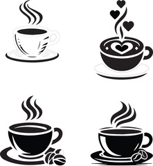 Four stylized cups of hot coffee or tea with steam and decorative elements