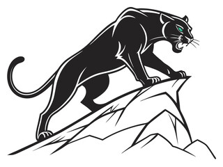 Powerful black panther silhouette, poised and ready. A bold, stylized silhouette of a black panther, standing alert on a stylized hilltop. 