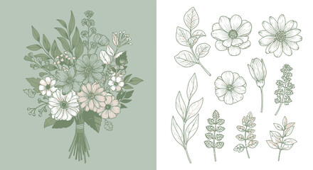 Vector Minimalist Botanical SVG Illustration Set Featuring Flower and Leaf Line Art in Soft Green Tones for Web and Print Design